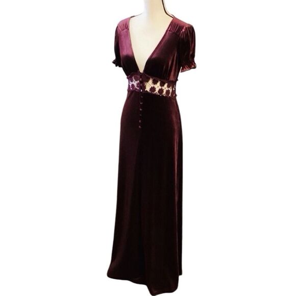 Forever 21 Burgundy Velvet V neck Lace Short Sleeve Holiday Maxi Dress - Picture 1 of 16